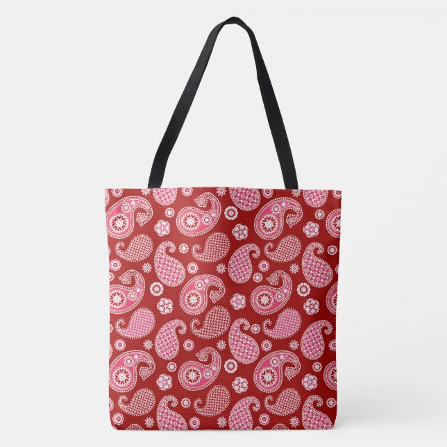 Bolsa Tote Paisley Pattern, Vermelho Escuro, Branco e Rosa Co (Frente)
