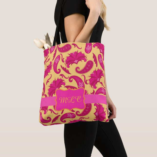 Bolsa Tote Paisley Yellow Bright Pink Monographic Personalize (Close Up)