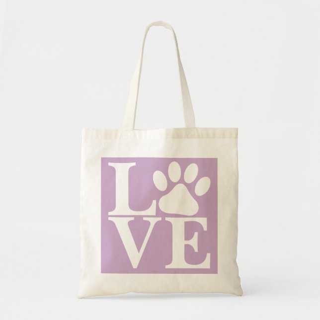Bolsa Tote Palavras de Cachorro de Amor Branco Padrão Violeta (Frente)