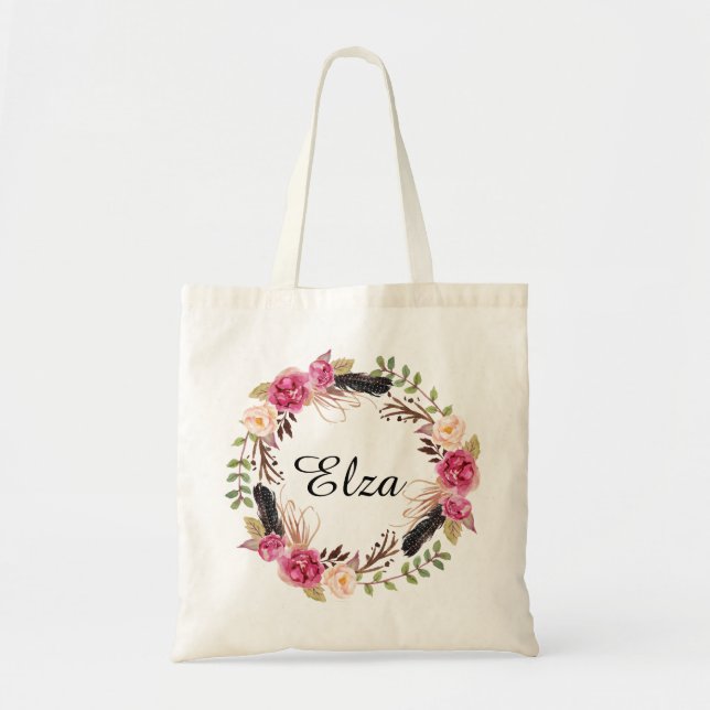 Bolsa Tote Palha de Tote Floral Personalizada Bag Bridesmaid  (Frente)