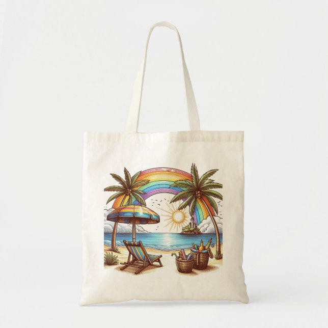 Bolsa Tote Palm Beach tree com arco-íris e sol (Frente)