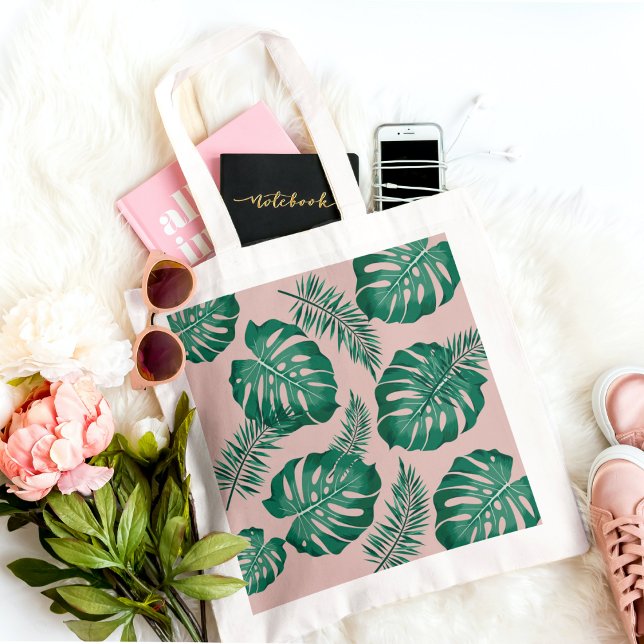 Bolsa Tote Palma Rosa Tropical e Verde deixa um padrão perfei (Criador carregado)