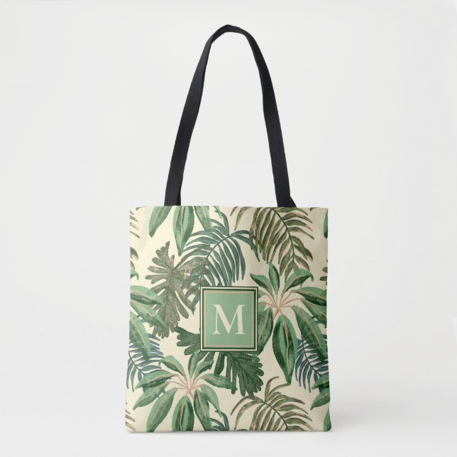 Bolsa Tote Palma tropical deixa um monograma de aquarela (Frente)