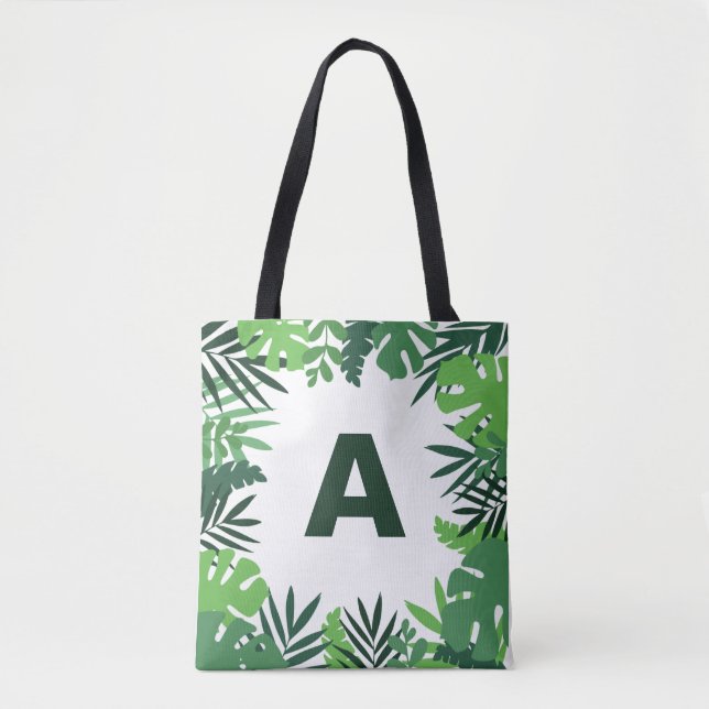 Bolsa Tote Palma verde-tropical monograma folhas florais (Frente)