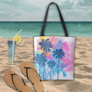Bolsa Tote Palmas tropicais do Havaí, cor azul-rosa, aquarela