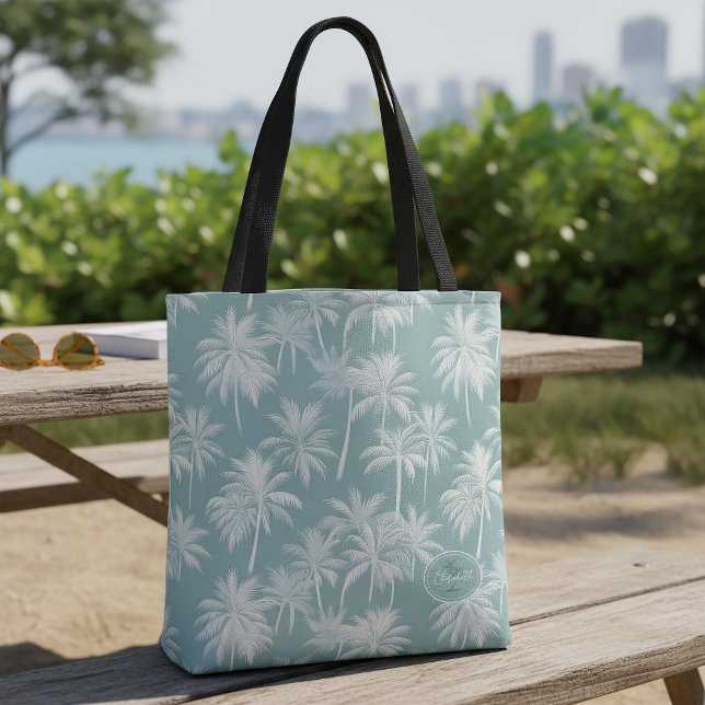 Bolsa Tote Palmeira havaiana Silhouette Pattern Teal ID1093 (Criador carregado)