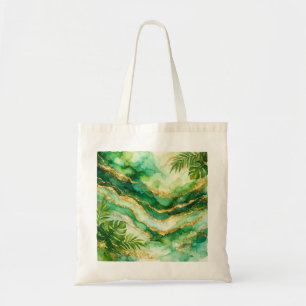 Bolsa Tote Palmeira Tropical Aquarela Verde Ágata Dourado Lux