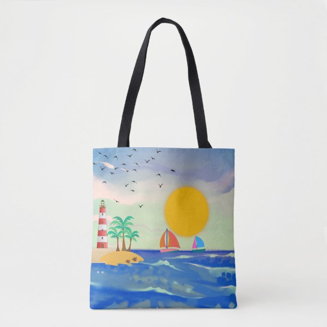 Bolsa Tote Palmeiras-do-sol Barcos-voadores de Farol Tartarug (Frente)