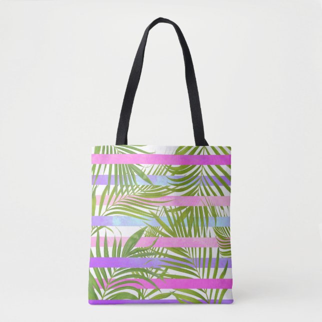 Bolsa Tote Palmeiras tropicais, listras violetas rosa moderna (Frente)