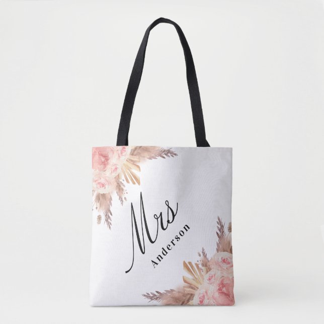 Bolsa Tote Pampas rosa dourado floral noiva branca (Frente)