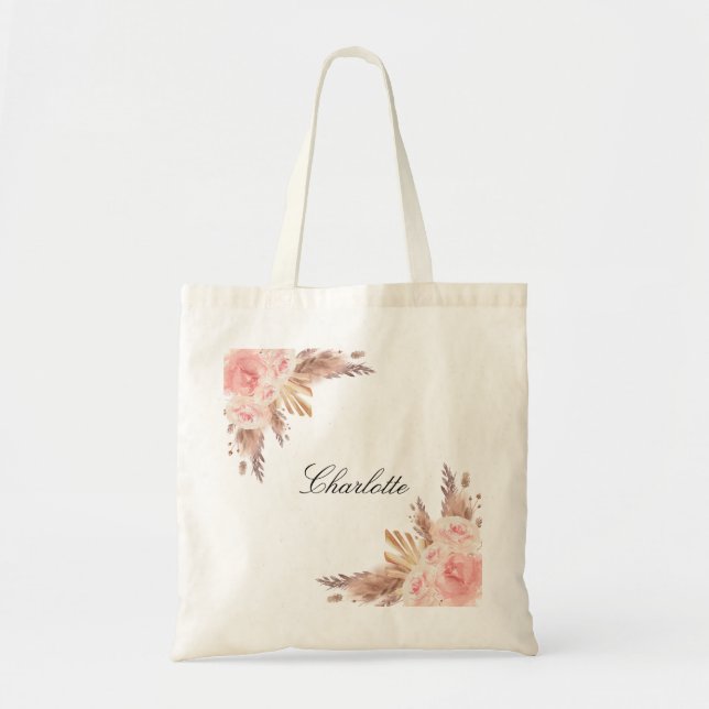 Bolsa Tote Pampas rosa gold floral White name (Frente)