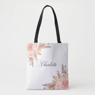 Bolsa Tote Pampas rosa gold floral White name