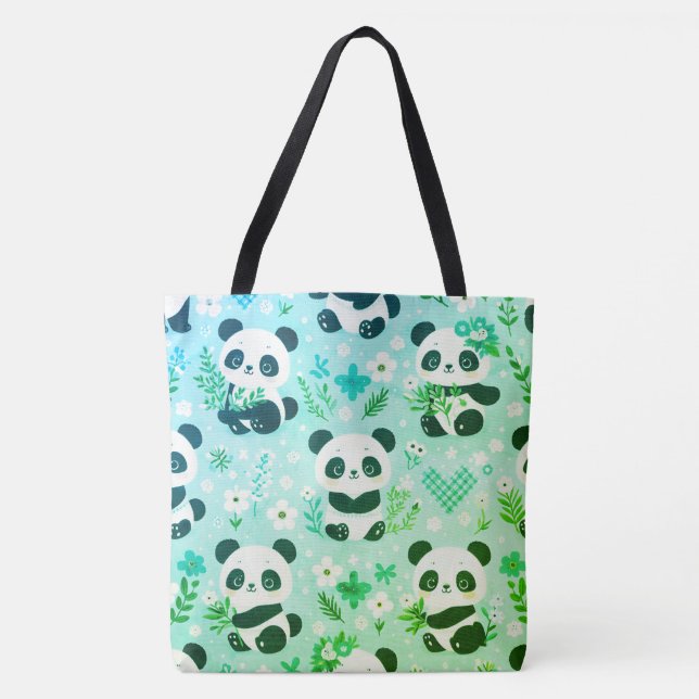 Bolsa Tote Panda Bear Pattern Green Impressão (Frente)