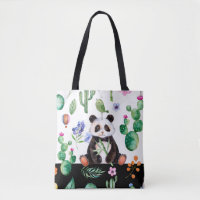 Panda Bonita Com Pássaro Verde E Padrão De Cactus