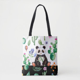 Bolsa Tote Panda Bonita Com Pássaro Verde E Padrão De Cactus