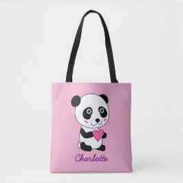 Bolsa Tote Panda bonita com um nome personalizado cor-de-rosa