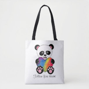 Bolsa Tote Panda bonito da aguarela com coração do arco-ír