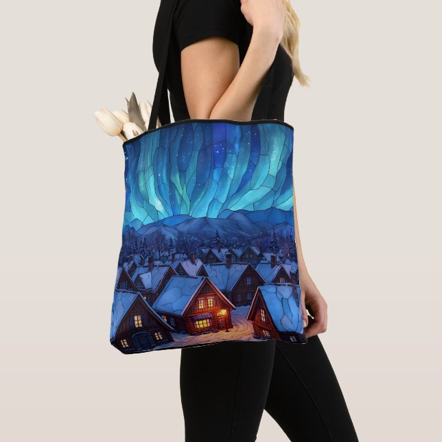 Bolsa Tote Panoramic Stained Glass Winter Village (Close Up)