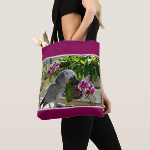 Bolsa Tote Papagaio do cinza africano com orquídeas