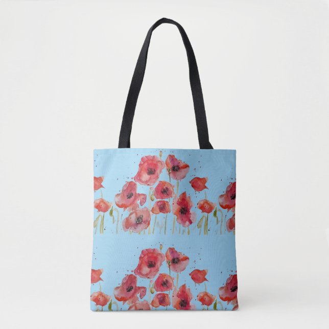 Bolsa Tote Papagaio Vermelho Poppies Flores Flores Azul Saco  (Frente)