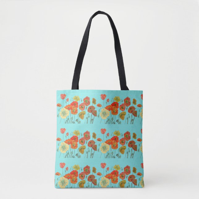 Bolsa Tote Papagaios Amarelos Vermelhos Papagaios Flores Aqua (Frente)