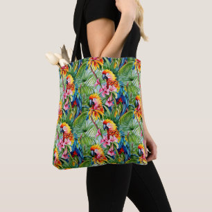 Bolsa Tote Papagaios de cor clara e flores tropicais
