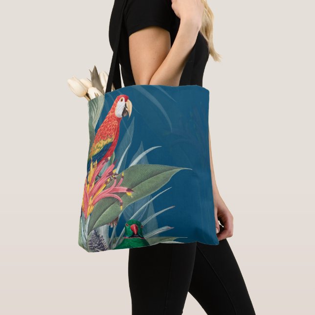 Bolsa Tote Papagaios tropicais e Azul Escuro Floral (Close Up)