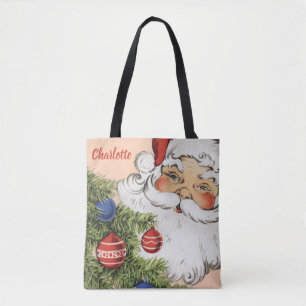Bolsa Tote Papai Noel de Natal Vintage com enfeites de árvore