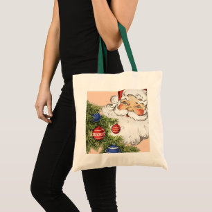 Bolsa Tote Papai Noel de Natal Vintage com Enfeites de Árvore
