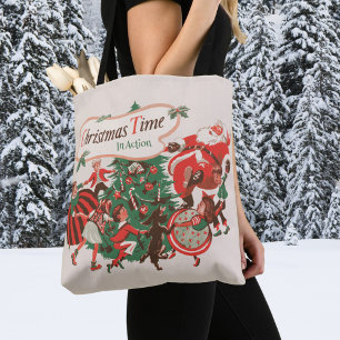 Bolsa Tote Papai Noel de Natal Vintage e Crianças Dançando