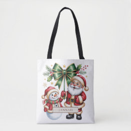 Bolsa Tote Papai Noel e Boneco de Neve com Laço Verde de Nata
