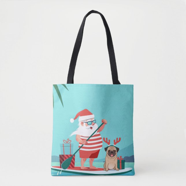 Bolsa Tote Papai Noel e o Pug dele no surfboard (Frente)