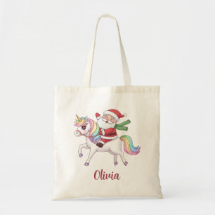 Bolsa Tote Papai Noel Kawaii Montado num Unicórnio Cor de Ros