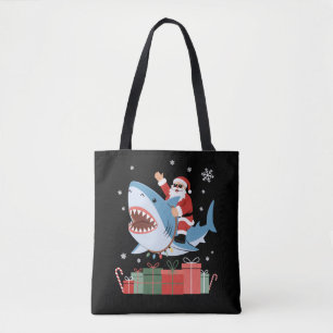 Bolsa Tote Papai Noel Montado em Tubarão de Natal Pijama Fofo