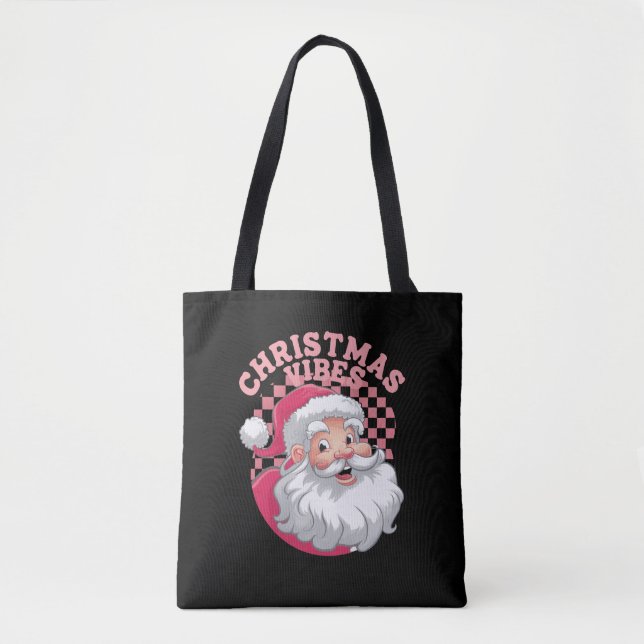 Bolsa Tote Papai Noel Rosa Vintage Retro Natal (Frente)