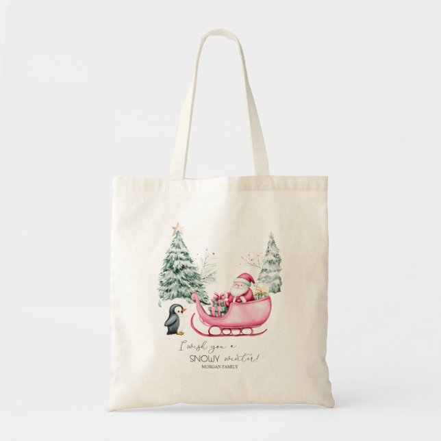 Bolsa Tote Papai Noel, Sleigh, Pinguim, Floresta (Frente)
