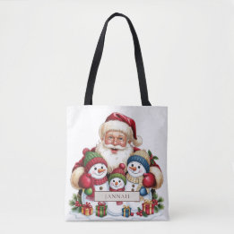 Bolsa Tote Papai Noel Vintage e Família de Bonecos de Neve No