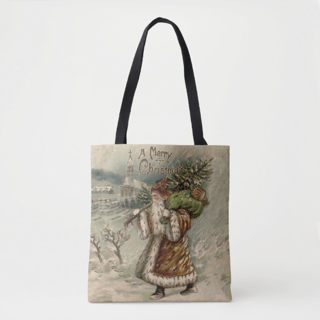 Bolsa Tote Papai Noel Vitoriano com Árvore de Natal (Frente)