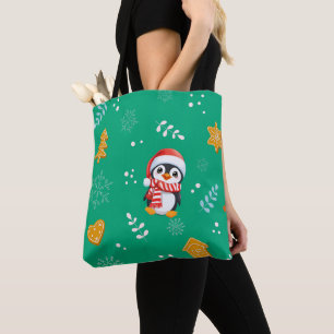 Bolsa Tote Papais noeis Pinguins Feliz Padrão de Árvore de Na