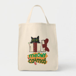 Bolsa Tote Papais noeis pretos Gato enredado em luzes de árvo