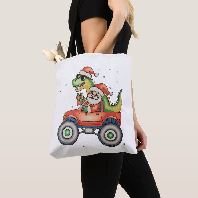 Bolsa Tote Papais noeis T Rex Dinossaur Monster Truck Natal (Close Up)