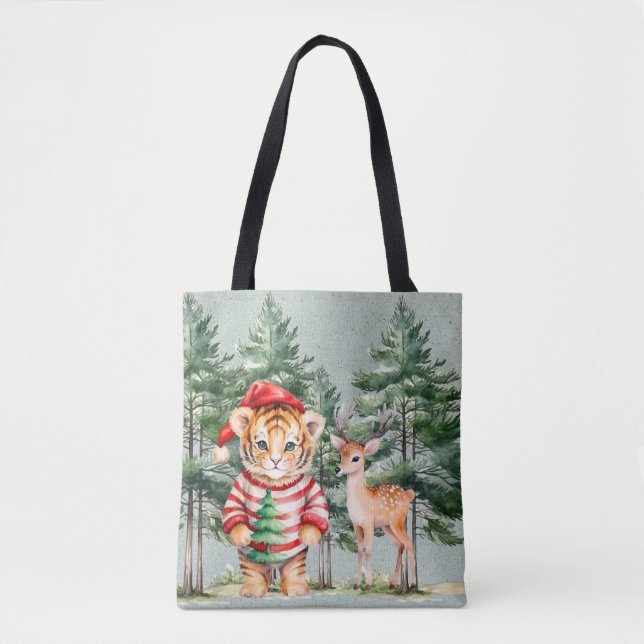 Bolsa Tote Papais noeis Tiger e um Natal de cervo (Frente)