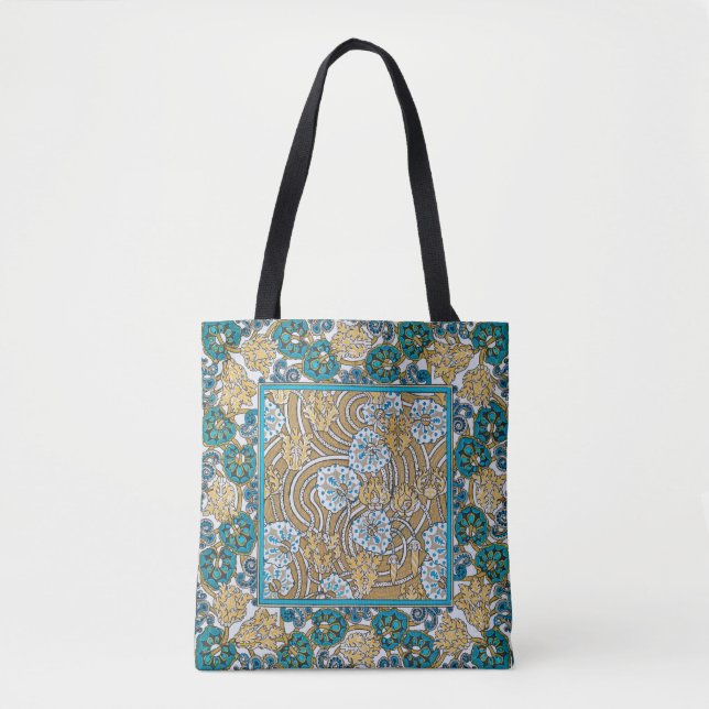 Bolsa Tote papel de parede de flores azul-de-art-nouveau (Frente)