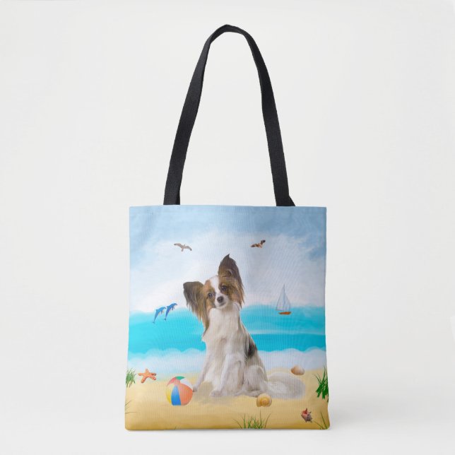 Bolsa Tote Papillon Dog na Praia (Frente)