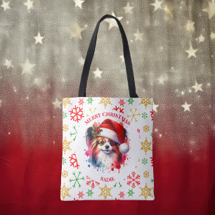 Bolsa Tote Papillon Dog Personalizado no Natal de Santa Hat