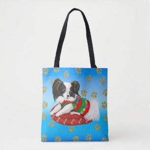Bolsa Tote Papillon Puppy com vestido de Natal verde e vermel