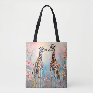 Bolsa Tote Par de Girafas em Jardim Pastel