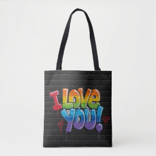 Bolsa Tote Parede de Tijolo Preto com Grafite “Eu Te Amo!”