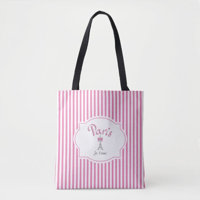Bolsa Tote Paris, França, Je t'aime, Stripes Rosa (Frente)