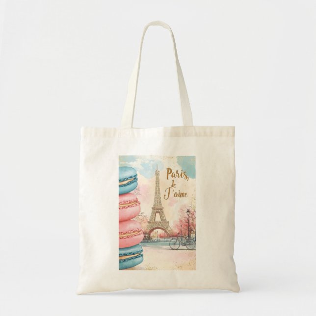 Bolsa Tote Paris, Je T'aime - Torre Eiffel com Macarons (Frente)